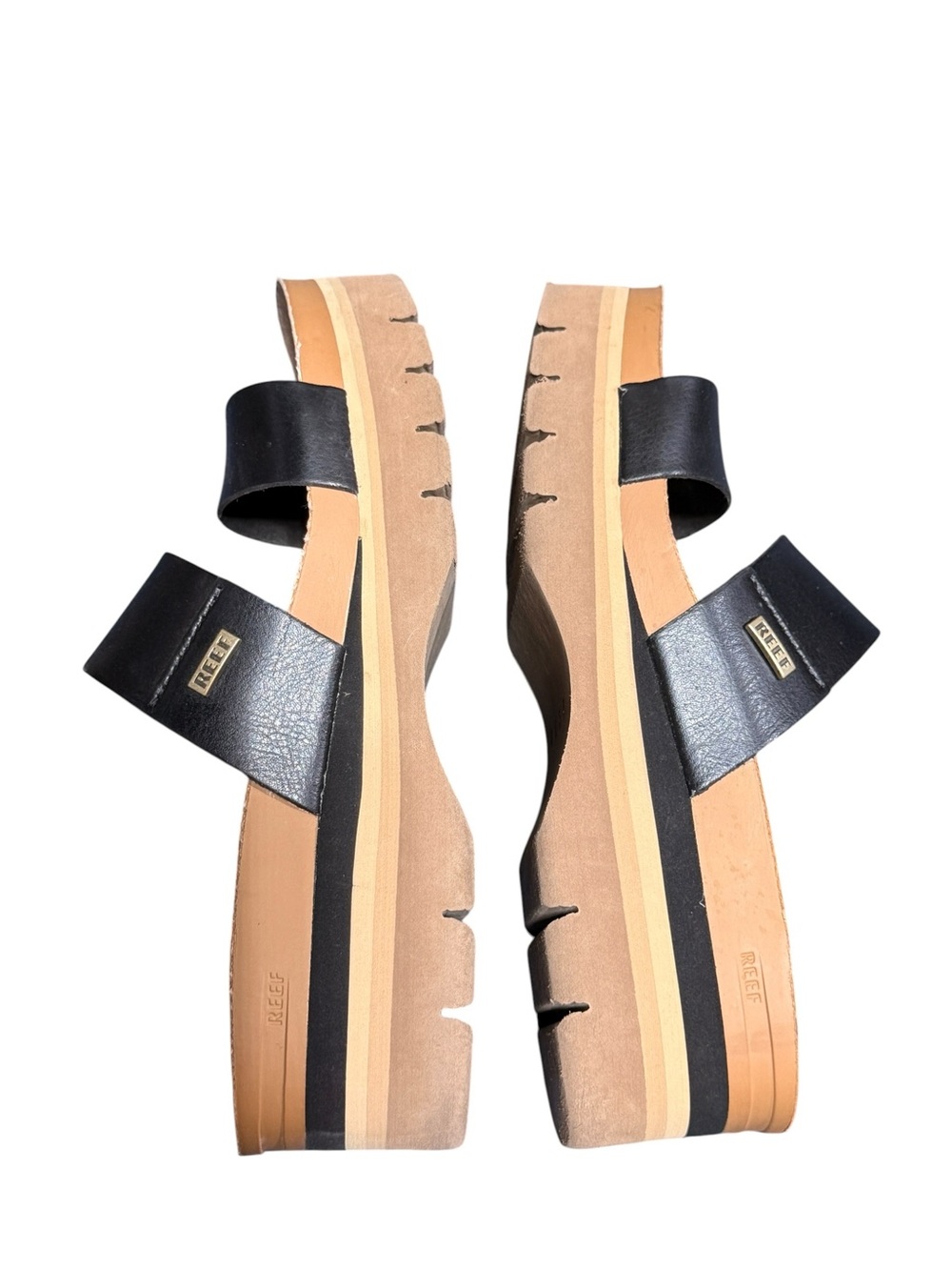 Reef Cushion Vista Higher Sandals Size 9 Black Tan Vegan Leather Platform Chunky - Picture 5 of 8